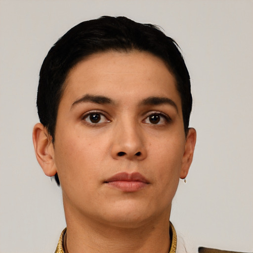 Neutral asian young-adult female with short  black hair and brown eyes