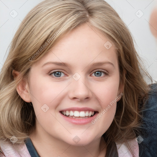 Joyful white young-adult female with medium  brown hair and blue eyes