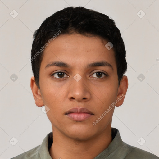 Neutral latino young-adult male with short  black hair and brown eyes