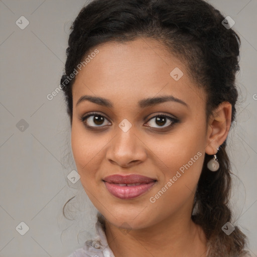 Joyful latino young-adult female with long  brown hair and brown eyes