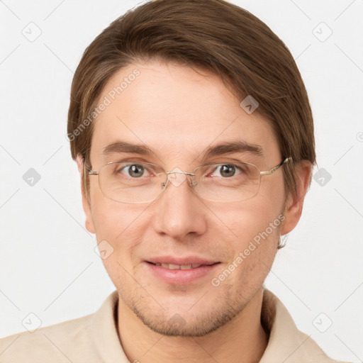 Joyful white adult male with short  brown hair and grey eyes