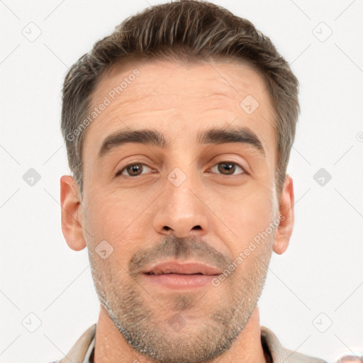 Neutral white adult male with short  brown hair and brown eyes