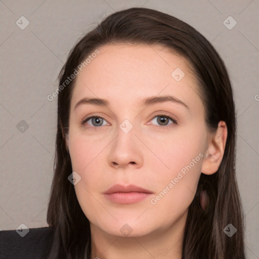 Neutral white young-adult female with long  brown hair and brown eyes