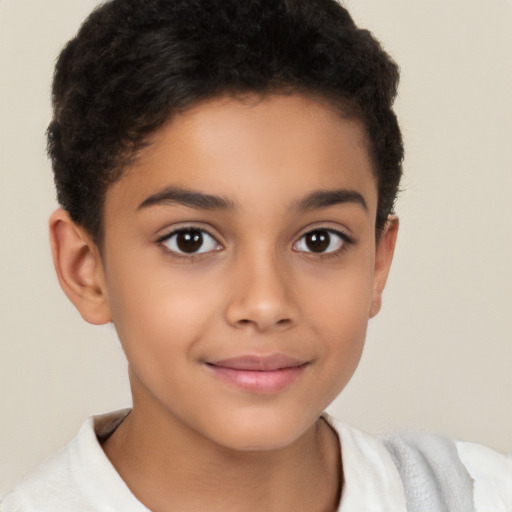 Joyful latino child female with short  brown hair and brown eyes