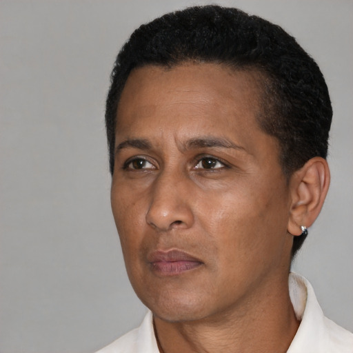 Neutral black adult male with short  black hair and brown eyes