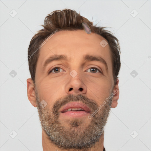 Neutral white adult male with short  brown hair and brown eyes