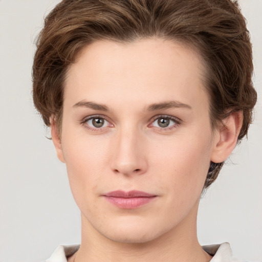 Neutral white young-adult female with short  brown hair and brown eyes