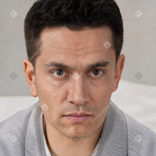 Neutral white adult male with short  brown hair and brown eyes