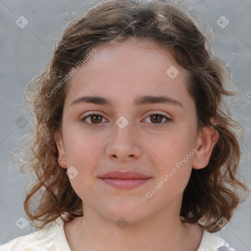 Joyful white child female with medium  brown hair and brown eyes