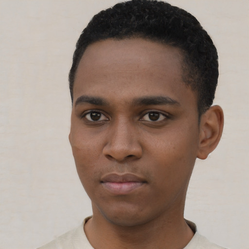 Neutral black young-adult male with short  black hair and brown eyes