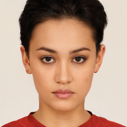 Neutral white young-adult female with short  brown hair and brown eyes