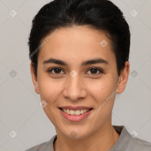 Joyful white young-adult female with short  brown hair and brown eyes