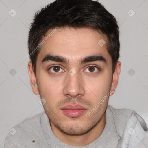 Neutral white young-adult male with short  brown hair and brown eyes