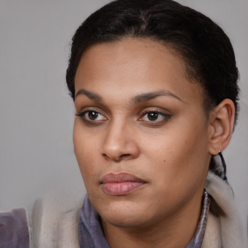 Joyful latino young-adult female with short  brown hair and brown eyes