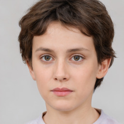 Neutral white young-adult female with short  brown hair and brown eyes