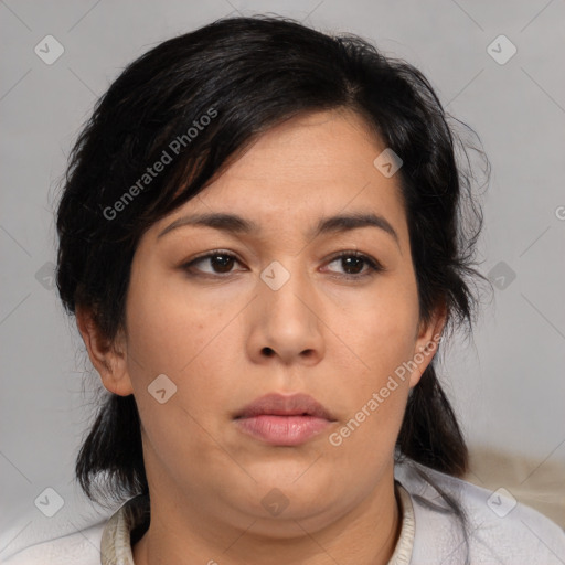 Neutral asian young-adult female with medium  brown hair and brown eyes