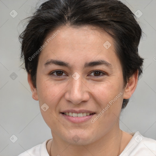 Joyful white young-adult female with short  brown hair and brown eyes