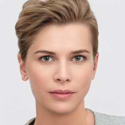 Neutral white young-adult female with short  brown hair and brown eyes