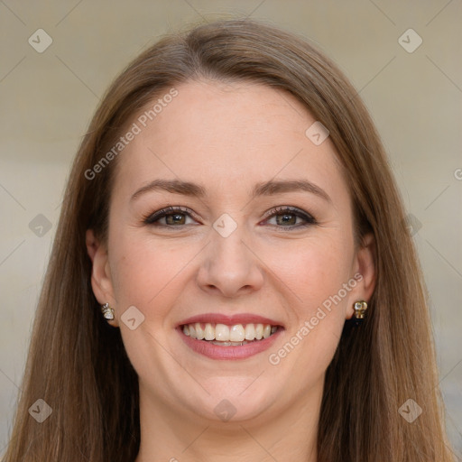 Joyful white young-adult female with long  brown hair and grey eyes