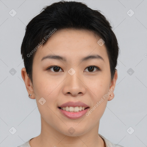 Joyful asian young-adult female with short  brown hair and brown eyes