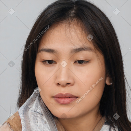 Neutral asian young-adult female with medium  brown hair and brown eyes