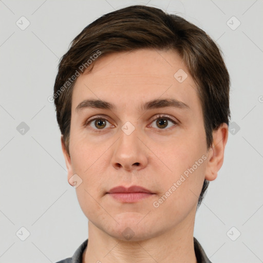 Neutral white young-adult male with short  brown hair and brown eyes