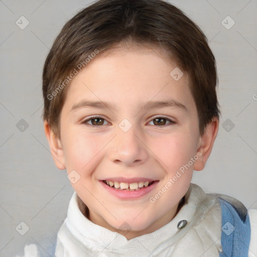 Joyful white child female with short  brown hair and brown eyes