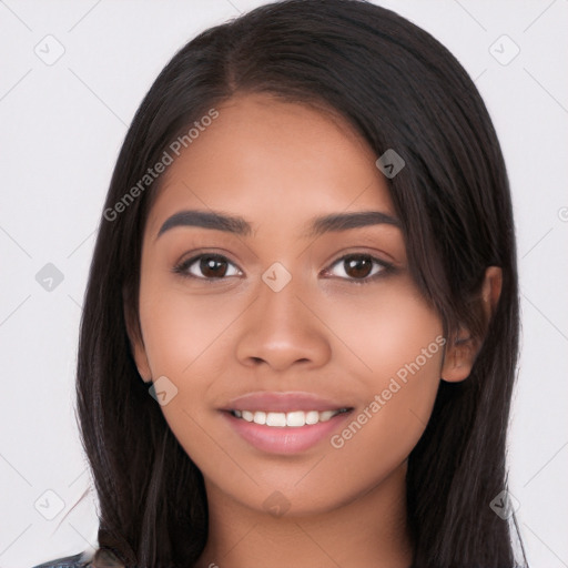 Joyful white young-adult female with long  black hair and brown eyes