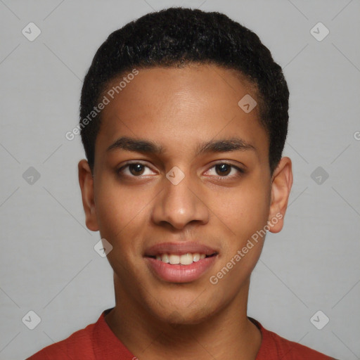 Joyful black young-adult male with short  black hair and brown eyes