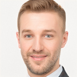 Joyful white adult male with short  brown hair and grey eyes