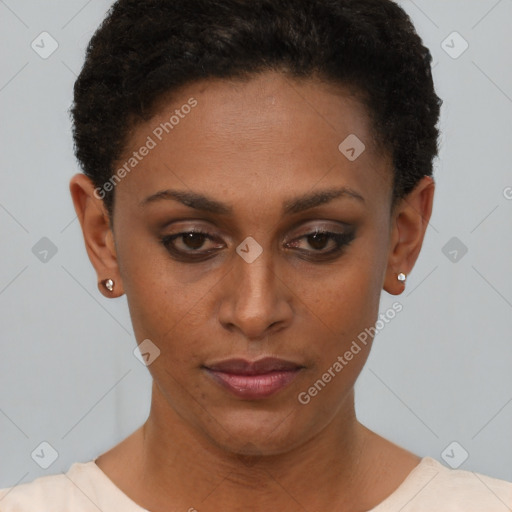 Neutral black young-adult female with short  brown hair and brown eyes