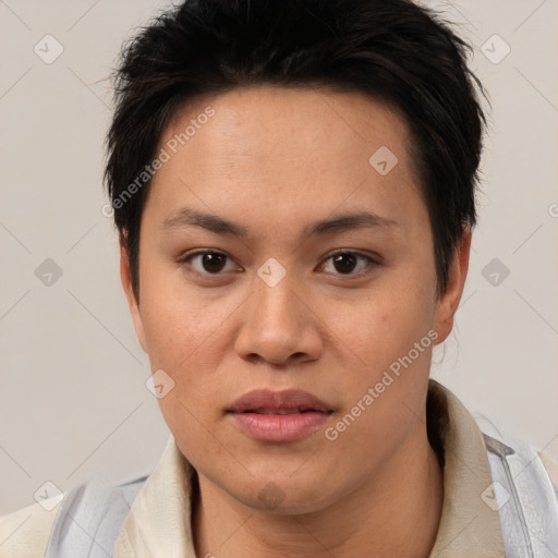 Neutral white young-adult female with short  brown hair and brown eyes