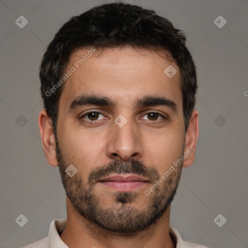 Neutral white young-adult male with short  brown hair and brown eyes