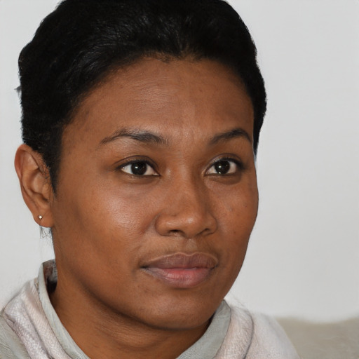 Neutral black young-adult female with short  brown hair and brown eyes