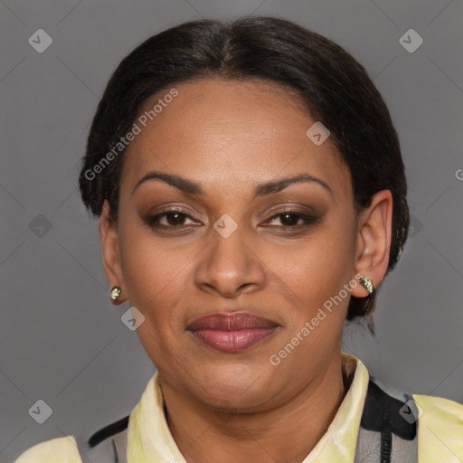 Joyful latino adult female with short  brown hair and brown eyes