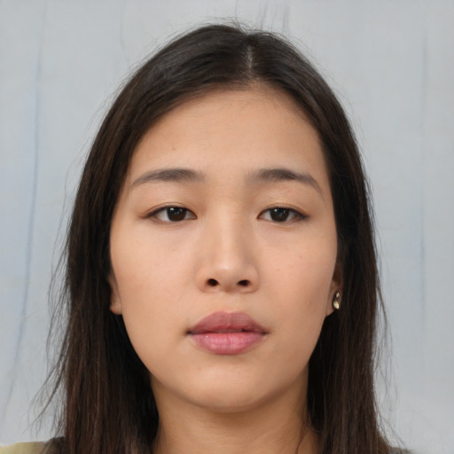 Neutral asian young-adult female with long  brown hair and brown eyes
