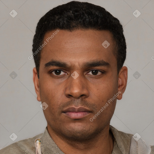 Neutral latino young-adult male with short  black hair and brown eyes