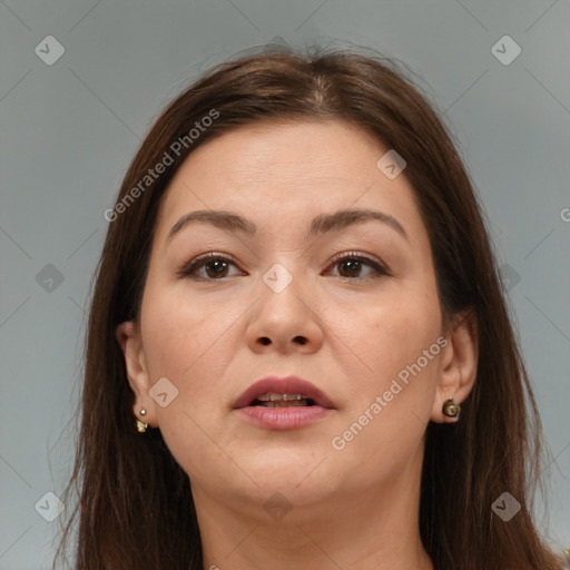 Neutral white young-adult female with long  brown hair and brown eyes