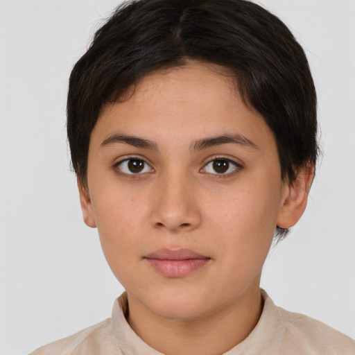 Neutral white young-adult female with short  brown hair and brown eyes