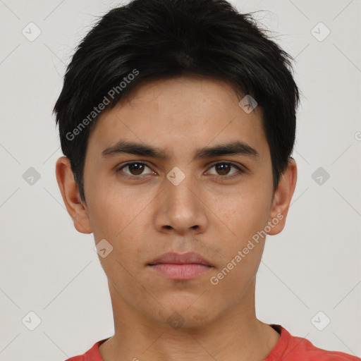 Neutral asian young-adult male with short  black hair and brown eyes