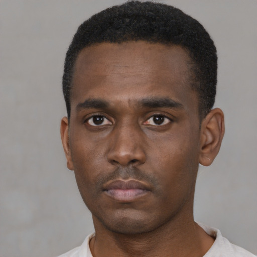 Neutral black young-adult male with short  black hair and brown eyes