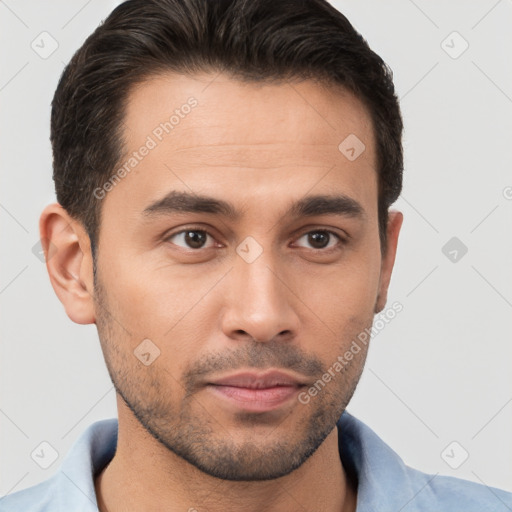 Neutral white young-adult male with short  brown hair and brown eyes