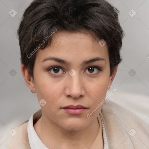 Neutral white young-adult female with short  brown hair and brown eyes