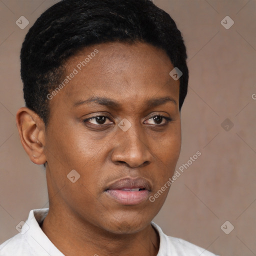 Neutral latino young-adult female with short  brown hair and brown eyes