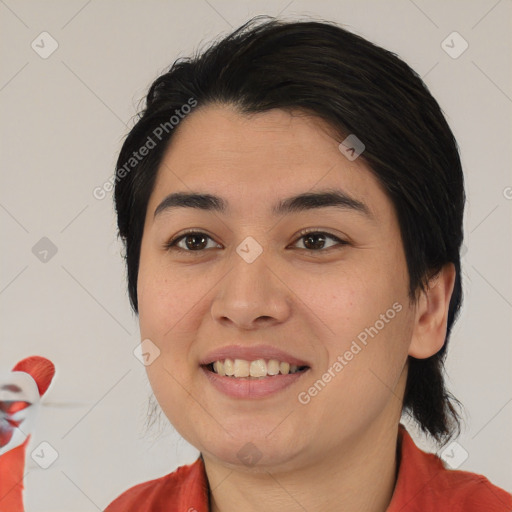 Joyful asian young-adult female with medium  brown hair and brown eyes