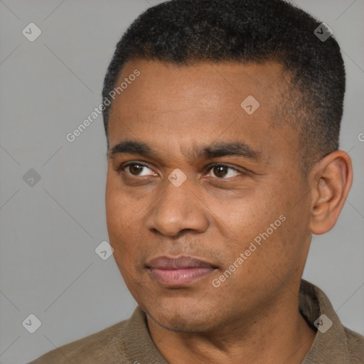 Joyful black young-adult male with short  black hair and brown eyes