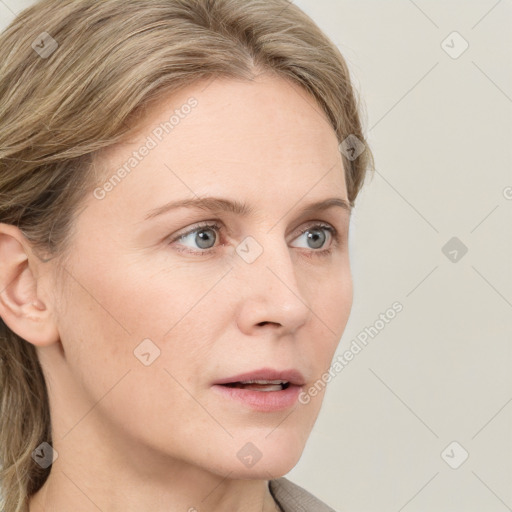 Neutral white young-adult female with medium  brown hair and blue eyes