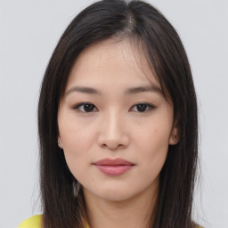 Neutral asian young-adult female with medium  brown hair and brown eyes