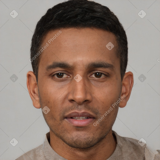 Neutral latino young-adult male with short  black hair and brown eyes