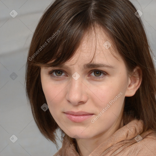 Neutral white young-adult female with medium  brown hair and grey eyes